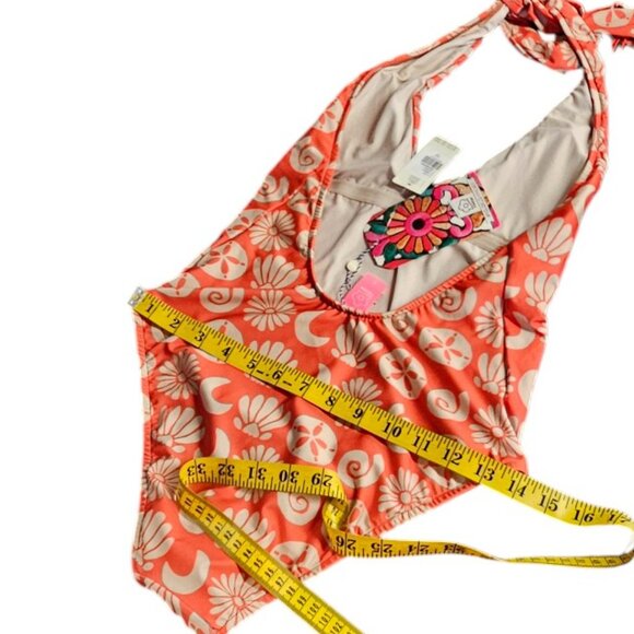 Farm Rio x Anthropologie Plunge Halter One-Piece Swimsuit, Beads, Orange, Small - Picture 8 of 11